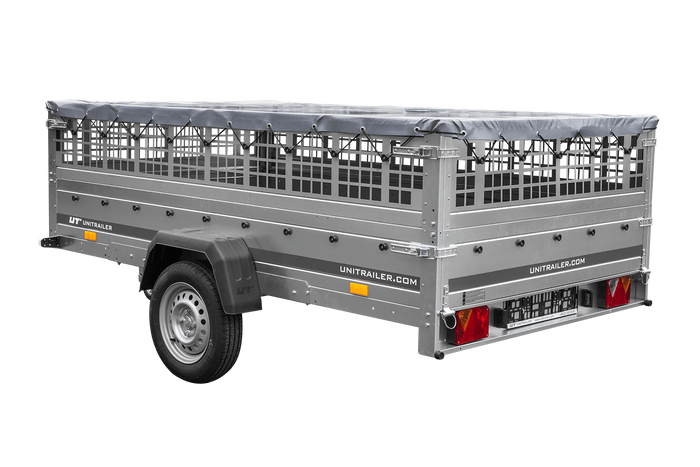 Anhänger 264×150 UNITRAILER GARDEN 265 KIPP mit Gitterwänden, H-0-Rahmen und grauer Plane-Neu