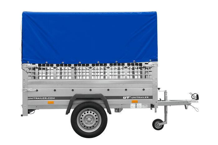 Autoanhänger 200×125 UNITRAILER GARDEN 201 KIPP mit Netzseitenwänden, H-800 Rahmen und grauer Plane-Neu