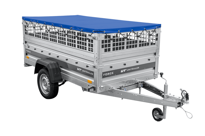 Leichter Anhänger auf Federn 230×125 UNITRAILER FORCE 230/R KIPP mit Gitterwänden, H-0-Rahmen und blauer Plane-Neu
