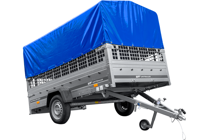 PKW-Anhänger 264×150 UNITRAILER GARDEN 265 KIPP mit Gitteraufsatz, Hochspriegel H-800 und blauer Plane-Neu