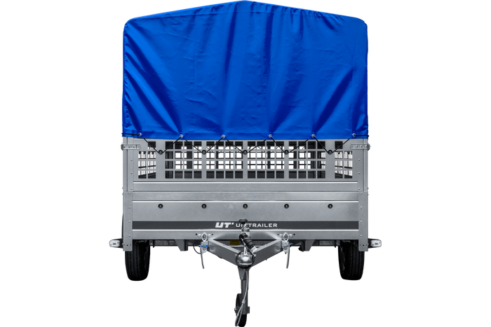 PKW-Anhänger 264×150 UNITRAILER GARDEN 265 KIPP mit Gitteraufsatz, Hochspriegel H-800 und blauer Plane-Neu